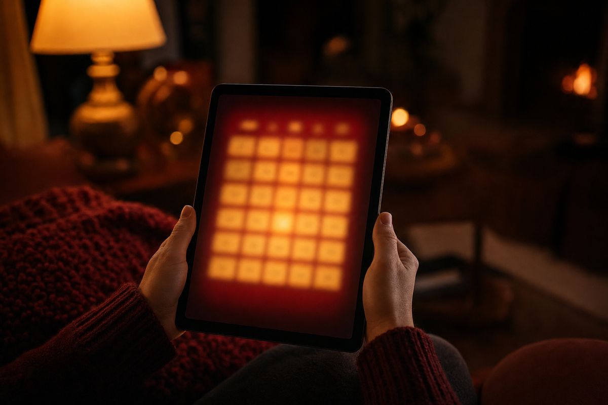 Manos sosteniendo una tableta que muestra un cartón de bingo iluminado, en una sala de estar acogedora por la noche con luz cálida