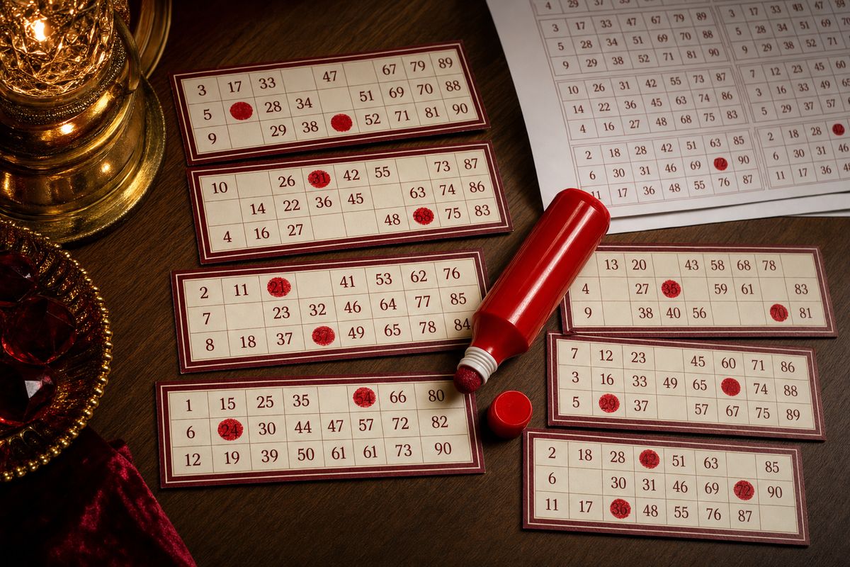 Cartones de bingo de 90 bolas recién impresos y repartidos sobre una mesa de madera, con algunos números marcados y un rotulador marcador rojo al lado